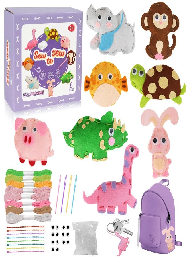 AzReference Kids Sewing Kits for Beginners, 8 Stuffed Animals, Rabbit, Dinosaur Making Easy Felt Sewing Fun Craft Kit, Educational Learn to Sew Gifts for Kids Age 5 6 7 8 9 10 11 12, Instruction & Felt Materials - Image 1